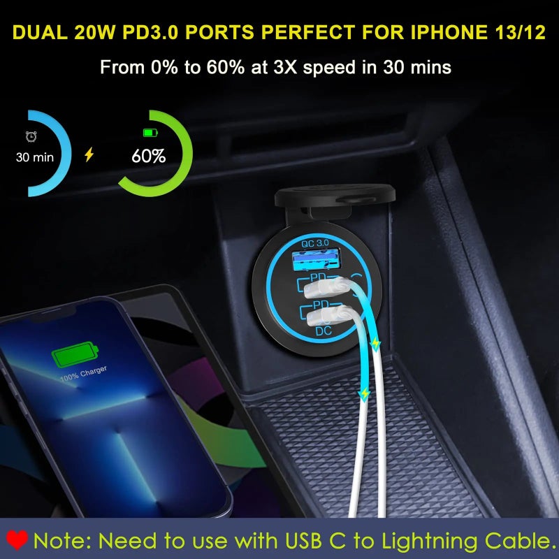 Bluejw Universal Smart Dual Port QC 3.0 & USB-C PD Fast Car Charger - Top Fire Power Time Inside - Automobile Charger - Image 4